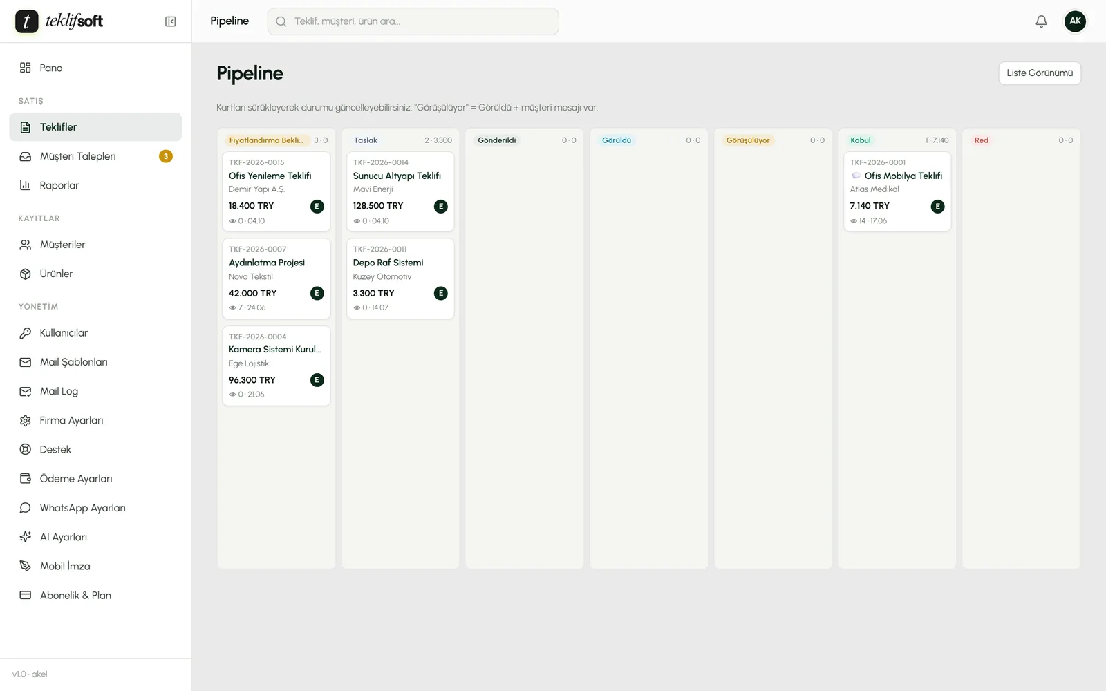 Pipeline (kanban) ekranı