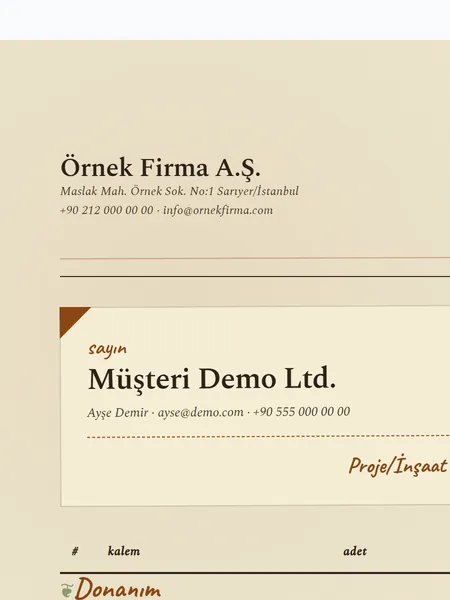 Proje/İnşaat şablonu önizlemesi